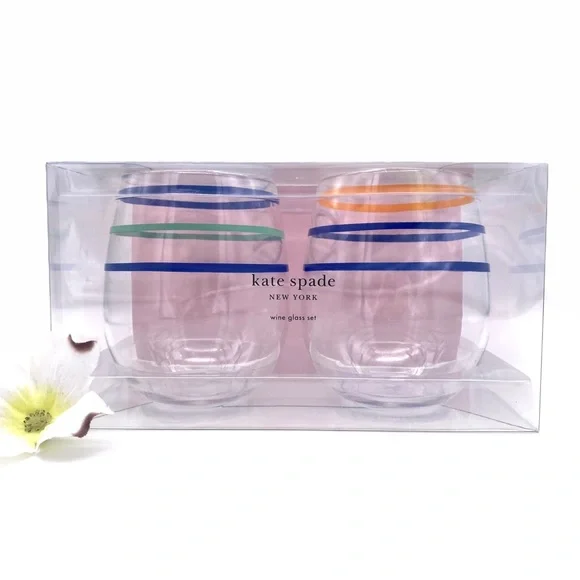 NWT Kate Spade Acrylic Stemless Wine Glass Set, Citrus Twist Stripe - Picture 4 of 11